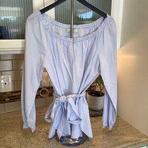 LOFT Light Blue Off-Shoulder Striped Blouse Size Large with Tie